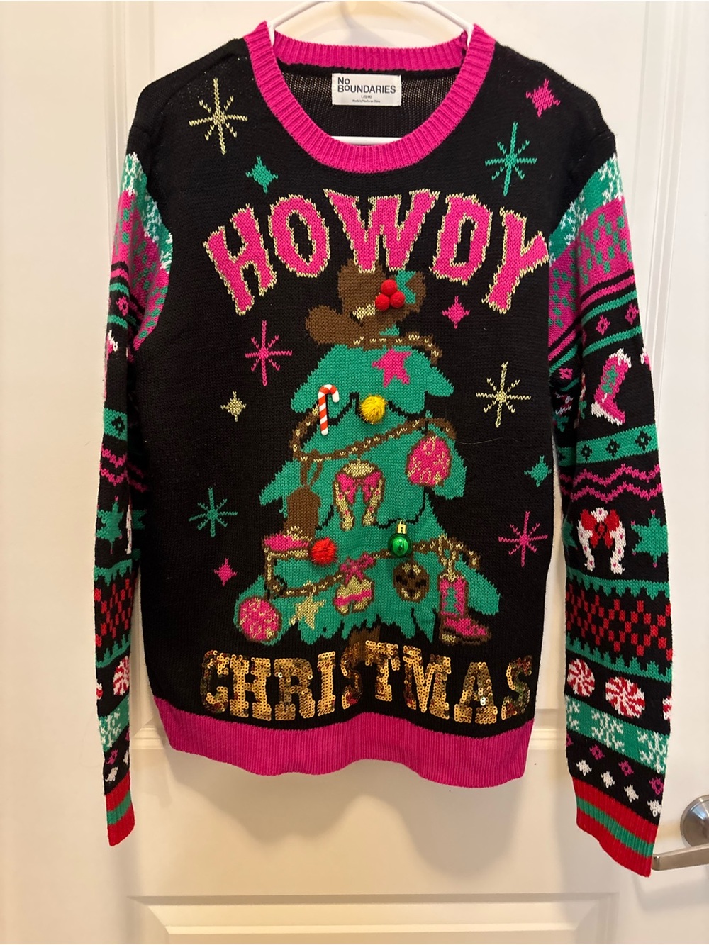 No Boundaries Black Sweater with Pink & Green Holiday Tree Accents
